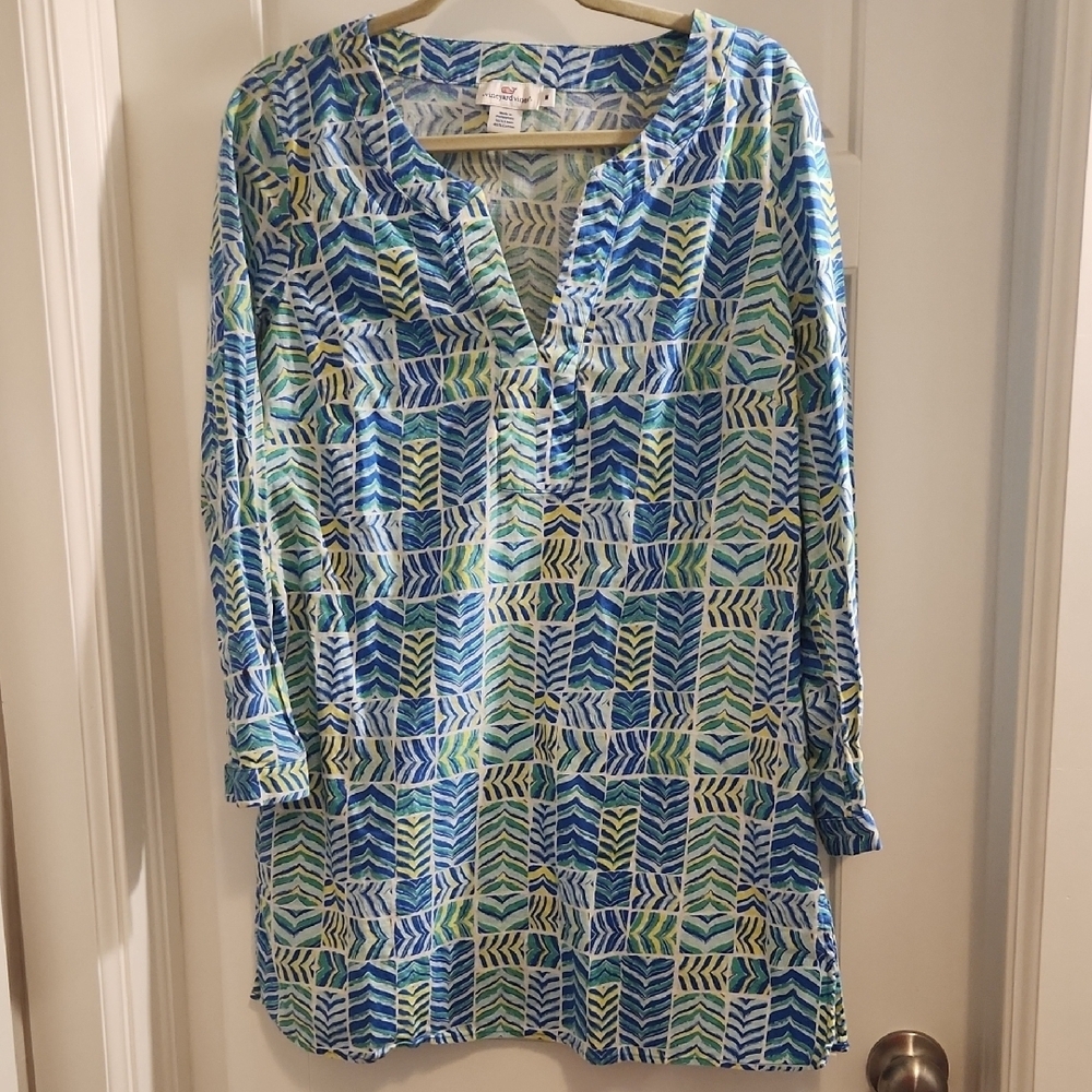 Vineyard Vines Blue and Green Geometric Long Sleeve Dress/Tunic Medium